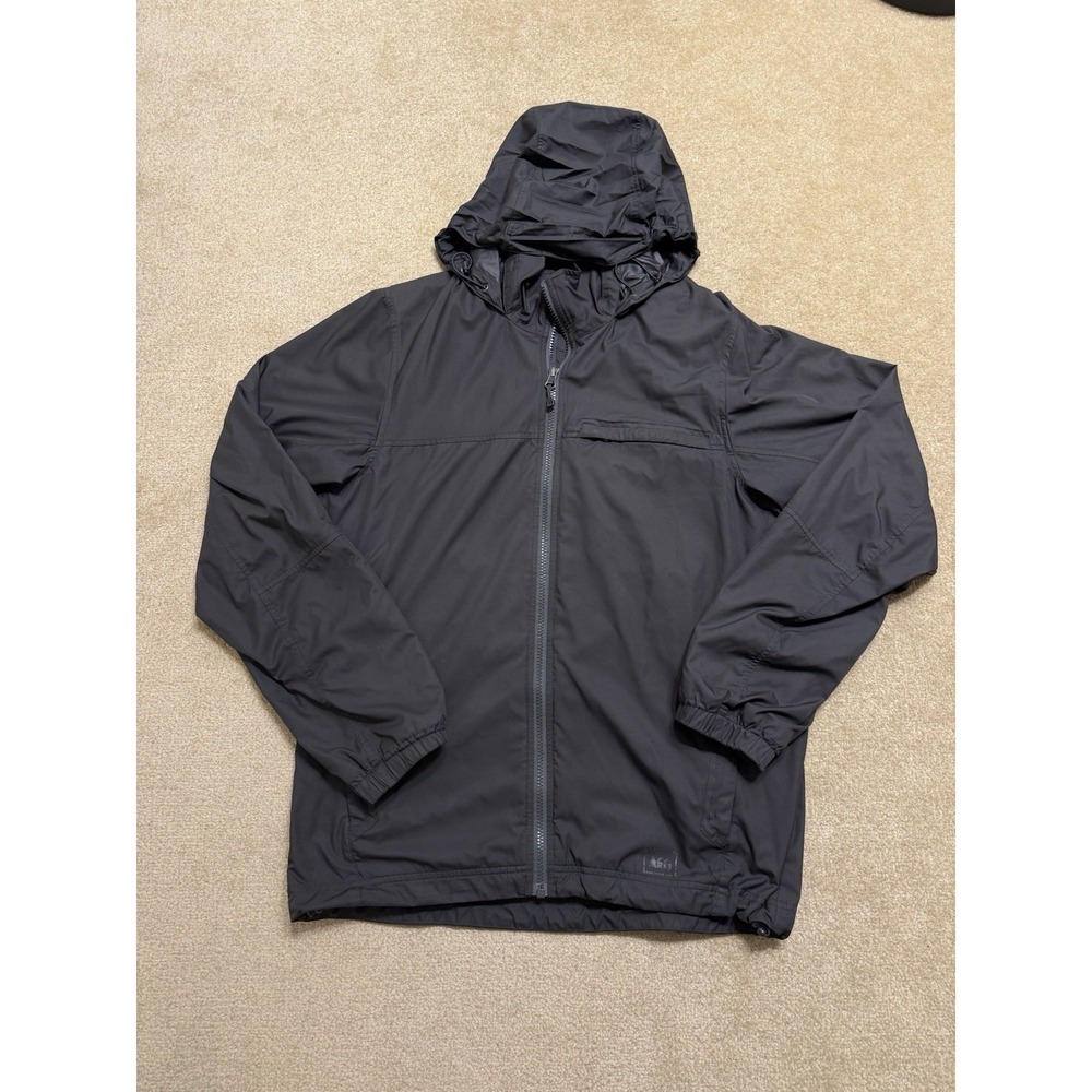 REI Jacket Windbreaker Mens Medium M Black Full Zip Lined Hooded Hiking Outdoors